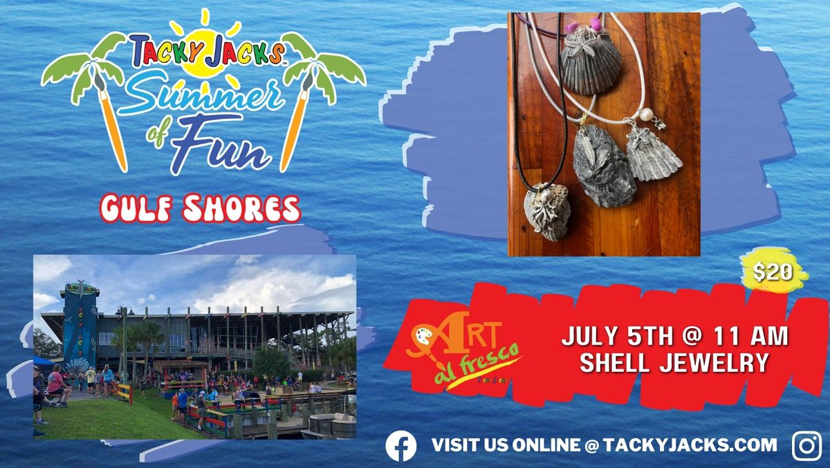 Create your own Shell Jewelry masterpiece to take home with you today at 11 am. $20 to participate. You receive a $10 Tacky Jack gift card for immediate use and a wearable piece of art!
tacky-jacks.myshopify.com/collections/ta…