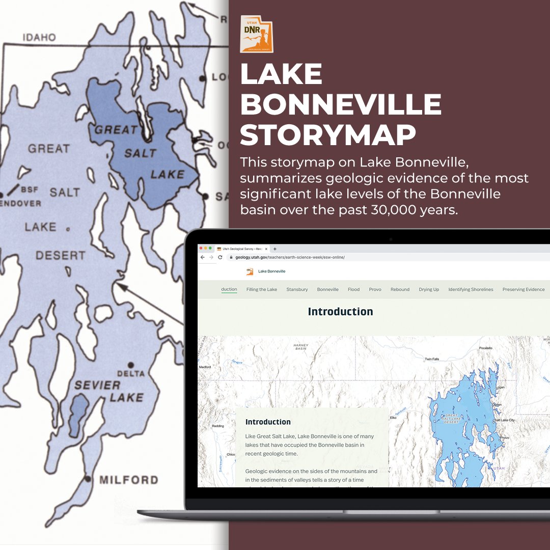 Lake Bonneville was a large, ancient lake that existed from about 32 to 14 thousand years ago. This storymap on Lake Bonneville summarizes geologic evidence of the most significant lake levels of the Bonneville basin over the past 30,000 years. Learn more–ow.ly/d4vI50Es1yk