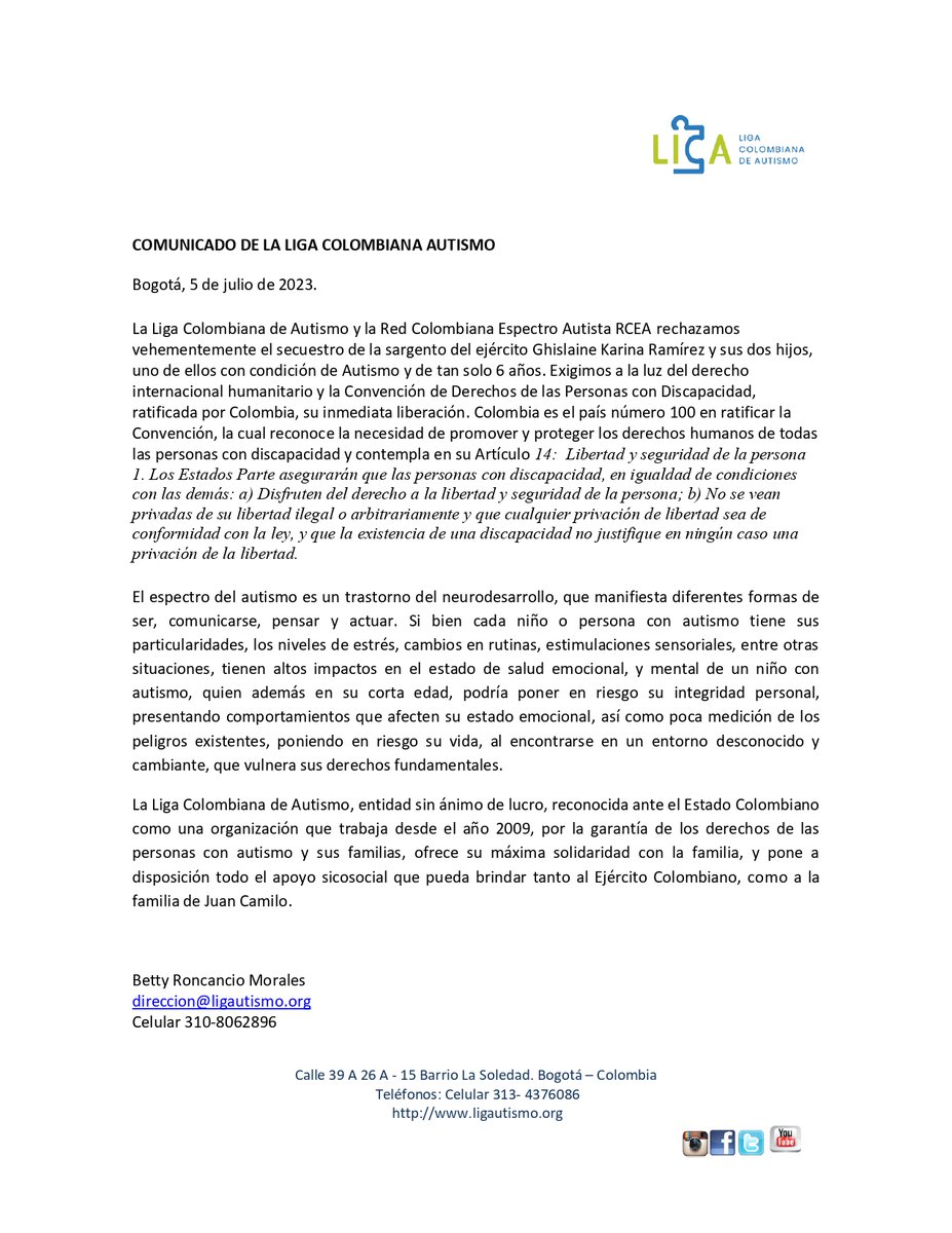@ligautismo y <a href="/RceaCol/">RCEA - Red Colombiana del Espectro Autista</a>  rechazan el secuestro de la Sgto. del ejército Karina Ramírez y sus 2 hijos, uno de ellos con #utismo. Exigimos  al ELN, a la luz del derecho internal humanitario y la Convención de Derechos de las Personas con Discapacidad, su inmediata liberación.