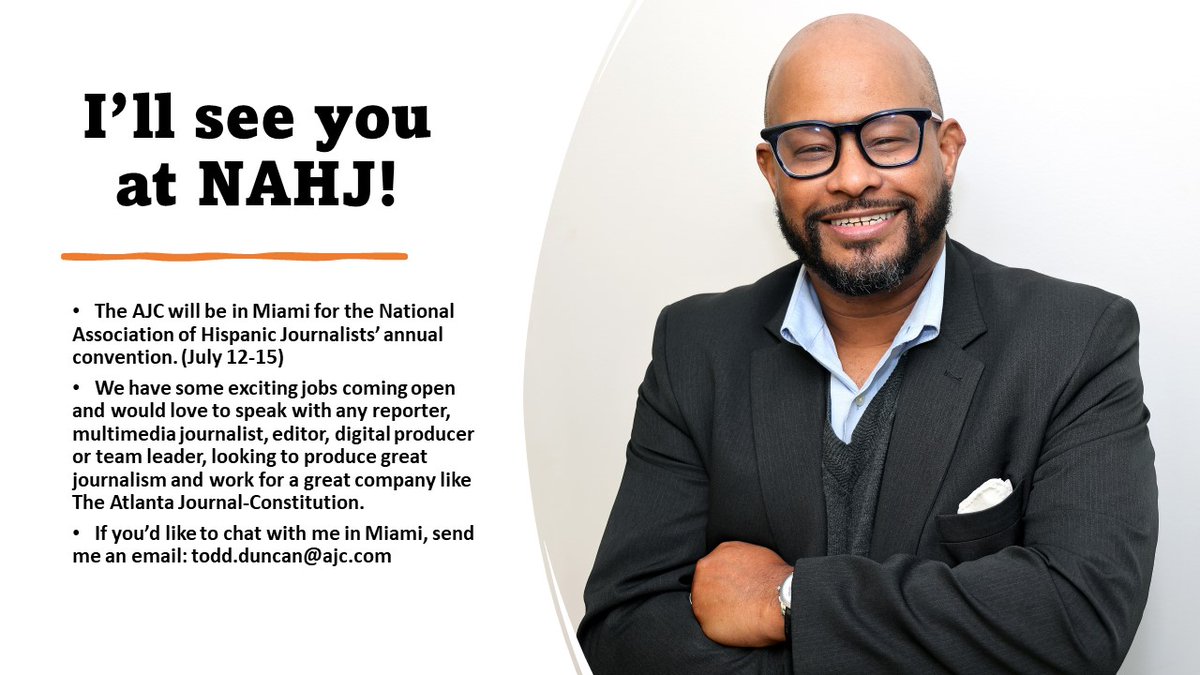 tduncanajc's tweet photo. The AJC will be in Miami for the National Association of Hispanic Journalists’ annual convention next week. We have some exciting jobs coming open and would love to speak with potential candidates.
If you’d like to chat with in Miami, send me an email: todd.duncan@ajc.com #NAHJ https://t.co/eYwzTKwUkE