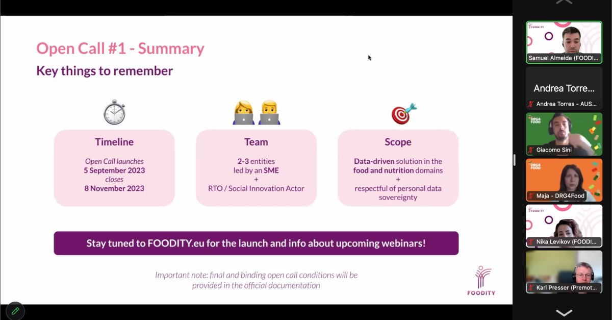 Thanks for joining our #OpenCalls pre-launch session! 🙌

We provided insights into our upcoming call, set to launch in September, and discussed the calls for our sister project, #DRG4Food.

Learn more about our #FundingOpportunities: foodity.eu/open-calls/

#Data4FoodCluster