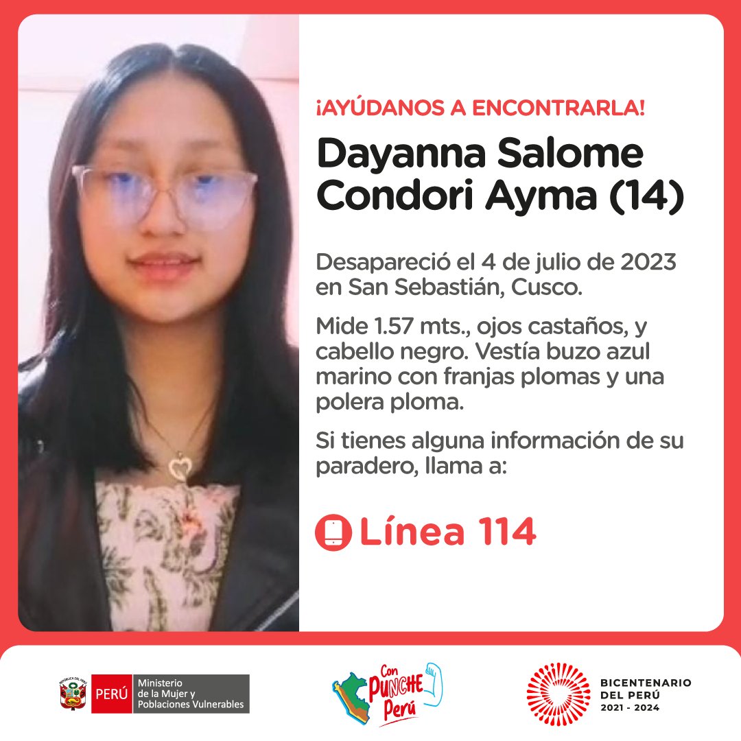 MimpPeru's tweet photo. 🚨 ¡Ayúdanos a encontrarla! Dayanna Salomé Condori Ayma (14) desapareció el 4 de julio en San Sebastián, Cusco. Vestía buzo del azul marino con franjas plomas y una polera ploma. Si tienes alguna información de su ubicación, llama a la ☎️#Línea114 https://t.co/RnT7Cqc9iA