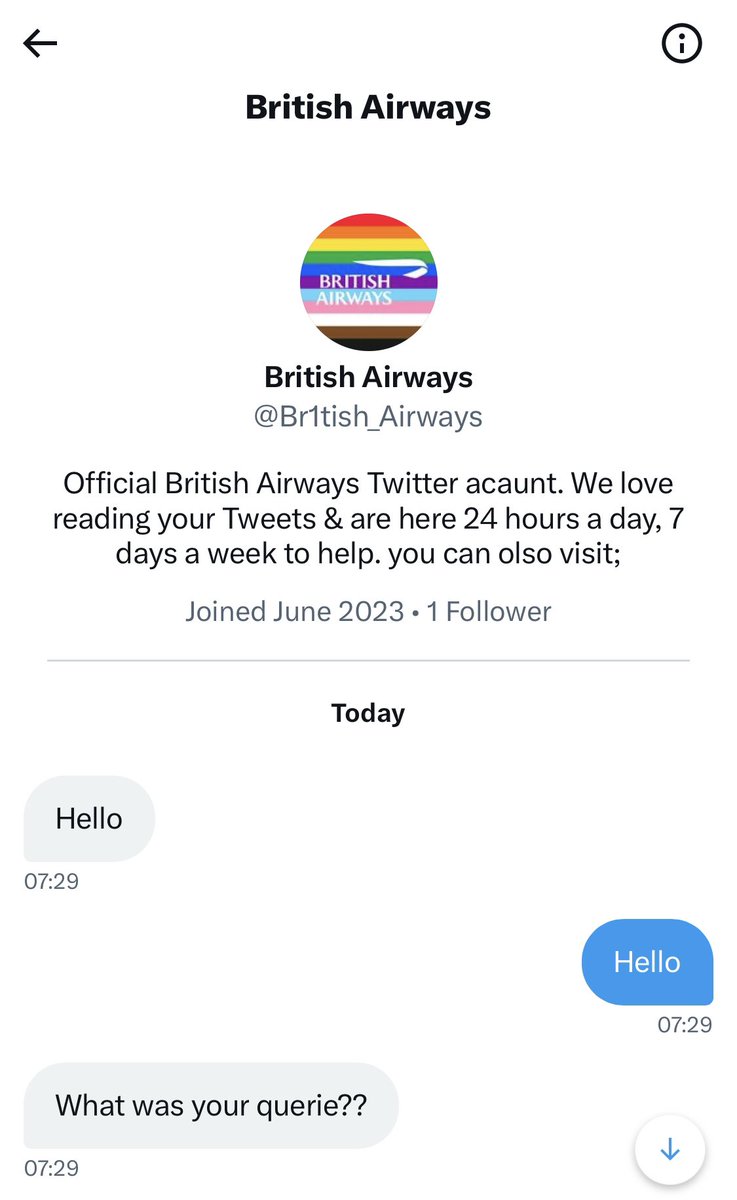 rebeckle's tweet photo. @British_Airways And a fake account tried to scam me!(reported) https://t.co/UsqUMpSm78