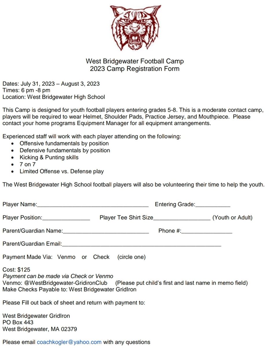 WbCoachKogler's tweet photo. West Bridgewater will be having its 3rd annual youth football camp July 31-August 3, for any youth football players going into grades 5-8.  See attached flyer or email coachkogler@yahoo.com for more information. https://t.co/J3YCcd1y4R