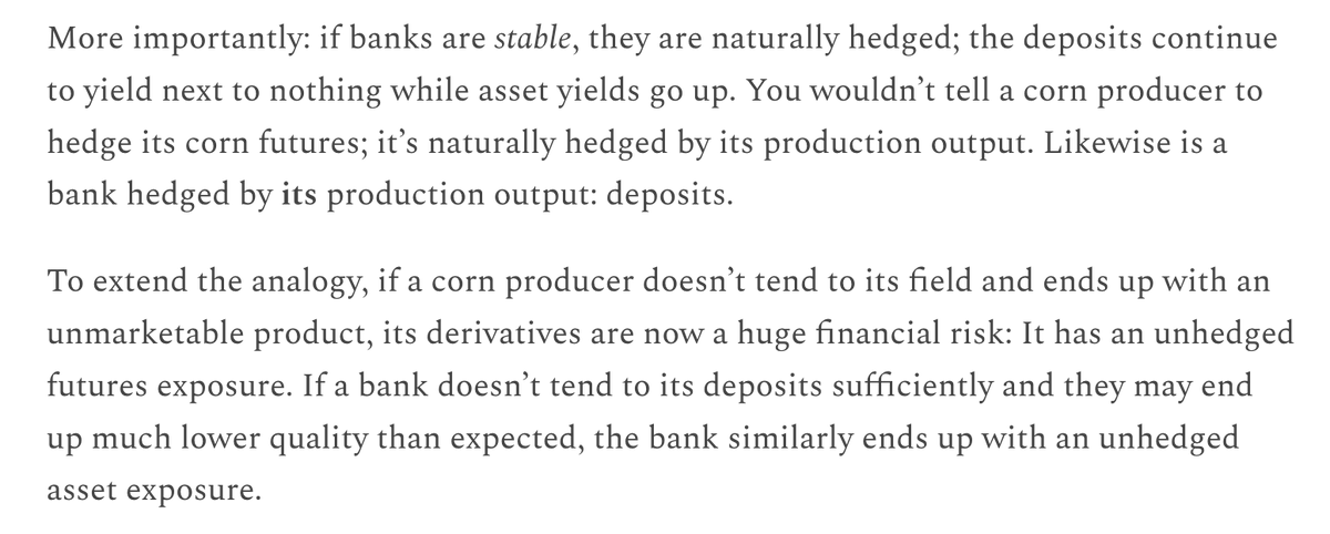 And it's certainly not about SVB dropping its rate hedges. The rate losses are mostly a subplot.

Banks don't typically hedge their rate risk, and the way banks' take rate risk isn't really the textbook definition way it's been discussed.

I offer a parable of the corn producer: