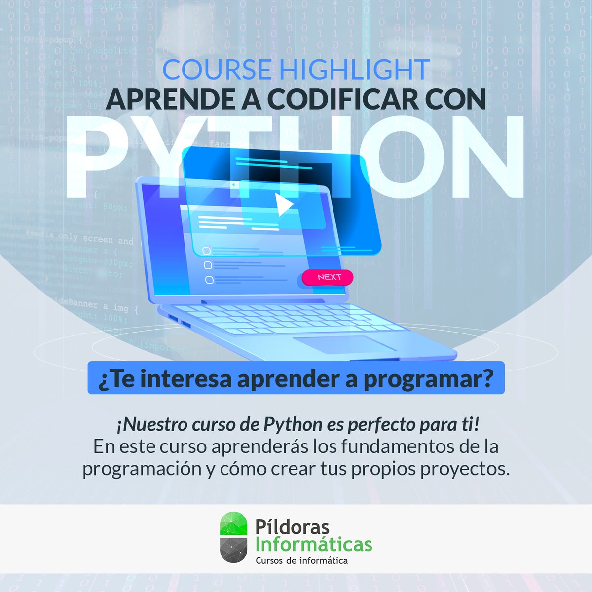 P_informaticas's tweet photo. ¿Te interesa aprender a programar? 👨‍💻

¡Nuestro curso de Python es perfecto para ti! En este curso aprenderás los fundamentos de la programación y cómo crear tus propios proyectos.

Encuentranos en https://t.co/1S00nQtQKJ

#pildorasinformativas, #programacion, #python, #cursos https://t.co/zxoTAWAQbe