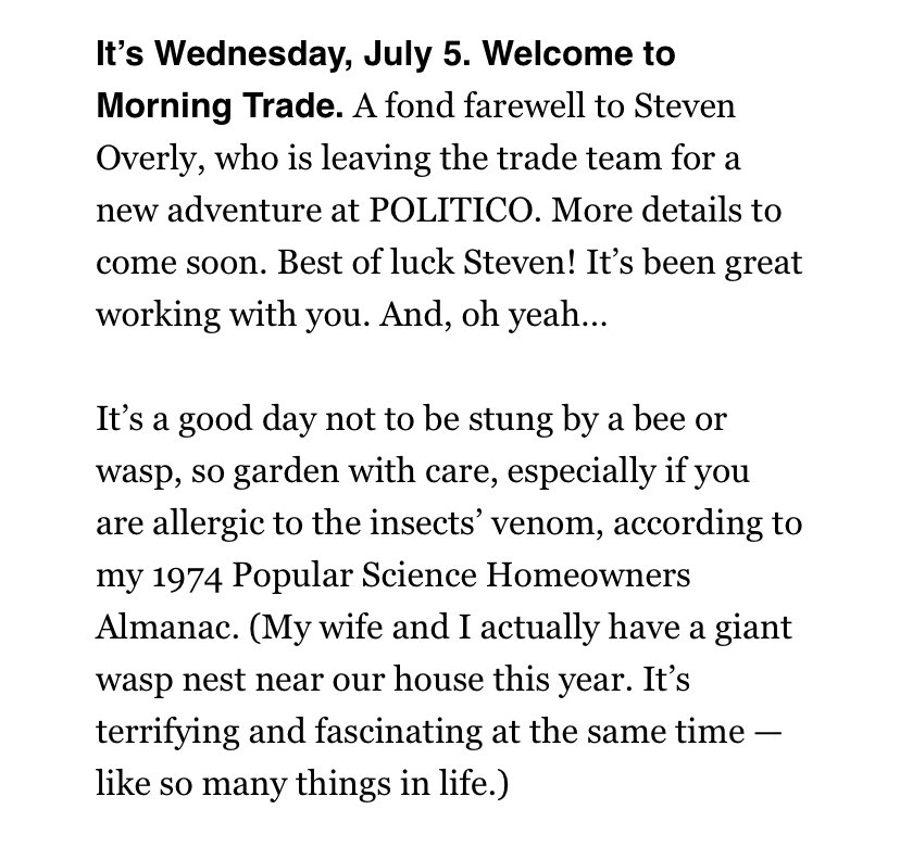 I know my departure from the trade beat must sting, but not nearly as much as a swarm of bees. Heed @tradereporter’s @Morning_Trade advice…
