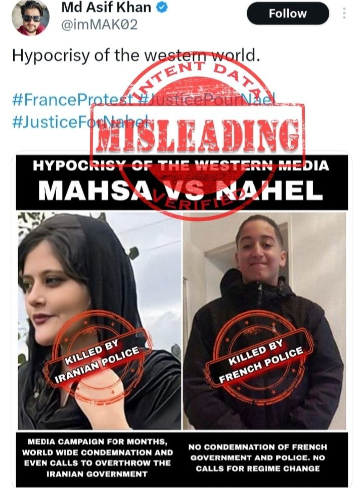 858
ANALYSIS:  Misleading

FACT: Religious hate propaganda account from India is trying to justify the #RiotsFrance . The propaganda account claimed that the killing of a 17yr old boy in France is similar to the killing of the Iranian woman #MahsaAmini in September 2022. (1/5)