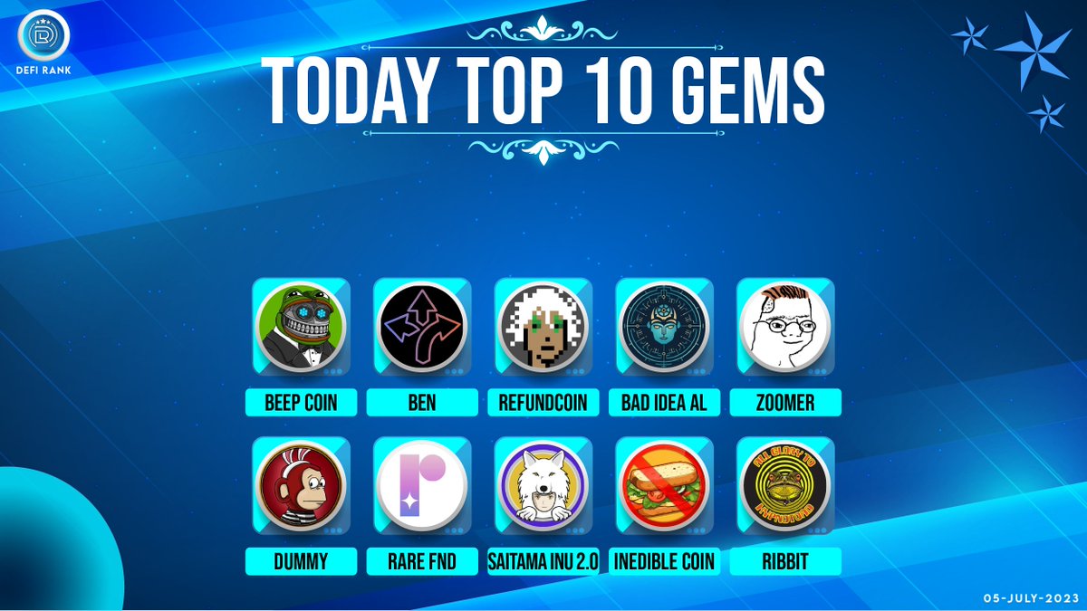 Defi_Rank's tweet photo. Today Top 10 Gems
$BEEP
@beepmemecoin
$BEN
@joinBENCoin
$RFD
@ReFundCoinETH
$BAD
@badideaai
$ZOOMER
@ZoomerCoin
$DUMMY
@dummycoineth
$FND
@Rare_Fnd
#SAITAMA2
@Saitama2coin
#INEDIBLE
@INEDIBLE_Token
$RIBBIT
@Ribbit_coin
#DefiRank #BSC #BNB #Binance #DeFi #Cryptonews #Altcoins https://t.co/kqHK69V9iX
