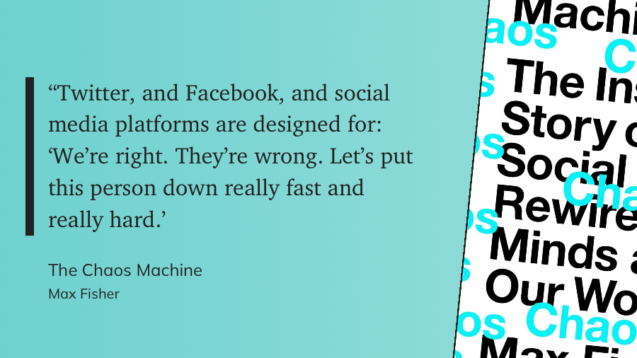 bnox's tweet photo. 📚 "The Chaos Machine" by Max Fisher exposes the dark side of social media
🌐 Twitter, Facebook, and others seem to foster a 'We're right. They're wrong. Let's put them down hard' culture.
#SocialMedia #OnlineCulture #ChaosMachine https://t.co/cml3wjXKO7