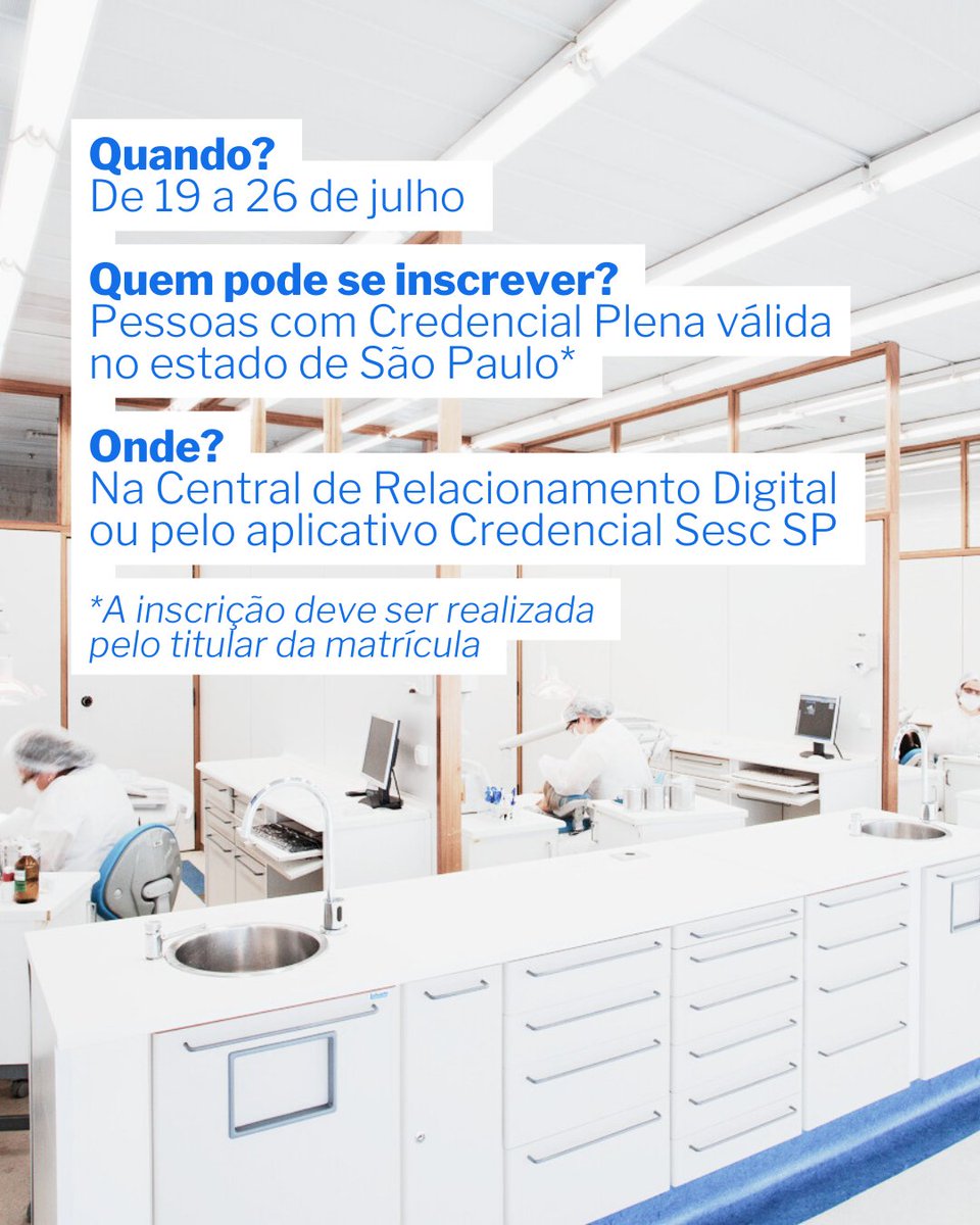 Galera, seguinte: 

O Sesc SP abrirá novas inscrições para tratamento odontológico em 33 unidades. Faça sua inscrição online de 19 a 26/7. 🤩

Aproveite para antecipar a renovação de sua Credencial Plena! 😉

Saiba mais em sescsp.org.br/odontologia