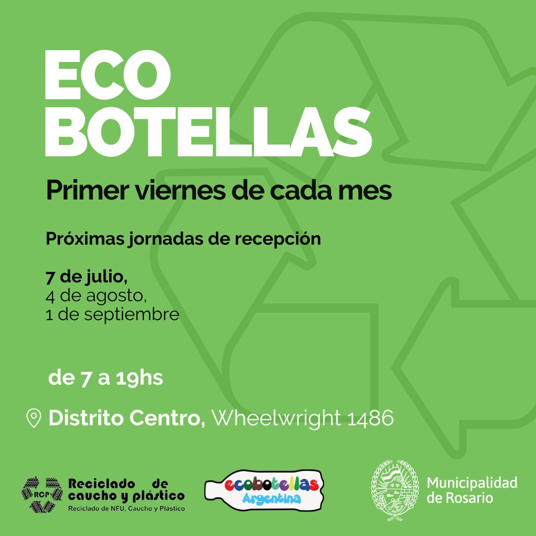 CMDCentro's tweet photo. RECICLAMOS JUNTOS ♻️ 

📌 Este viernes 7 de julio estaremos en una nueva jornada de recepción de eco-botellas en el Distrito Centro, en Wheelwright 1486

✅ Podes acercar las tuyas desde las 7:00 a 19:00 hs

¡Te esperamos! https://t.co/17g5sKuePh