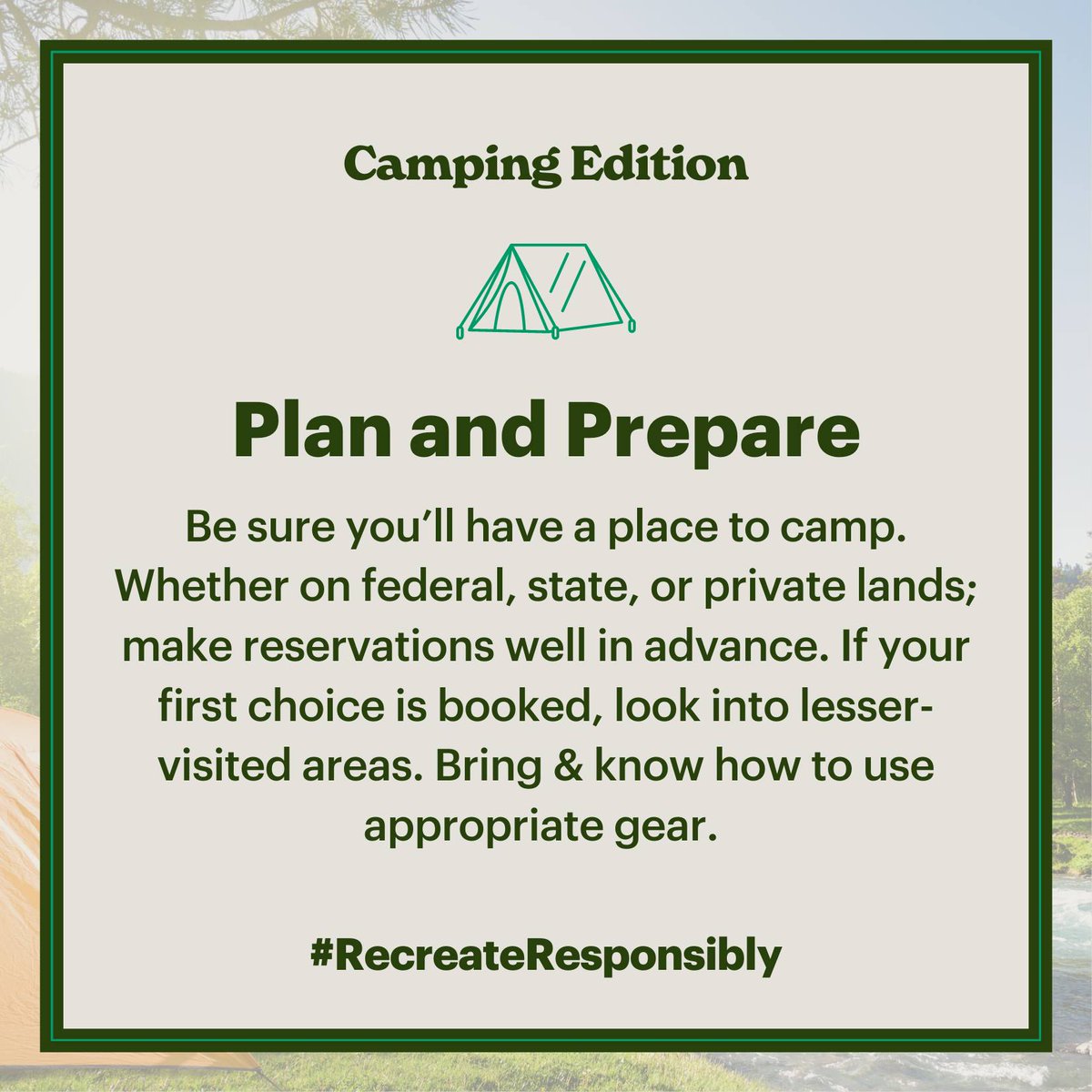 HealthyParksTN's tweet photo. 🏕️To #CampResponsibly means to adopt an "ecosystem mentality". An ecosystem mentality is to understand the interconnectedness of, and our impact on, our surroundings. We can have a positive impact on the places we camp.

Learn more: https://t.co/Ex4iob712B
#RecreateResponsibly https://t.co/gpJT2fG137