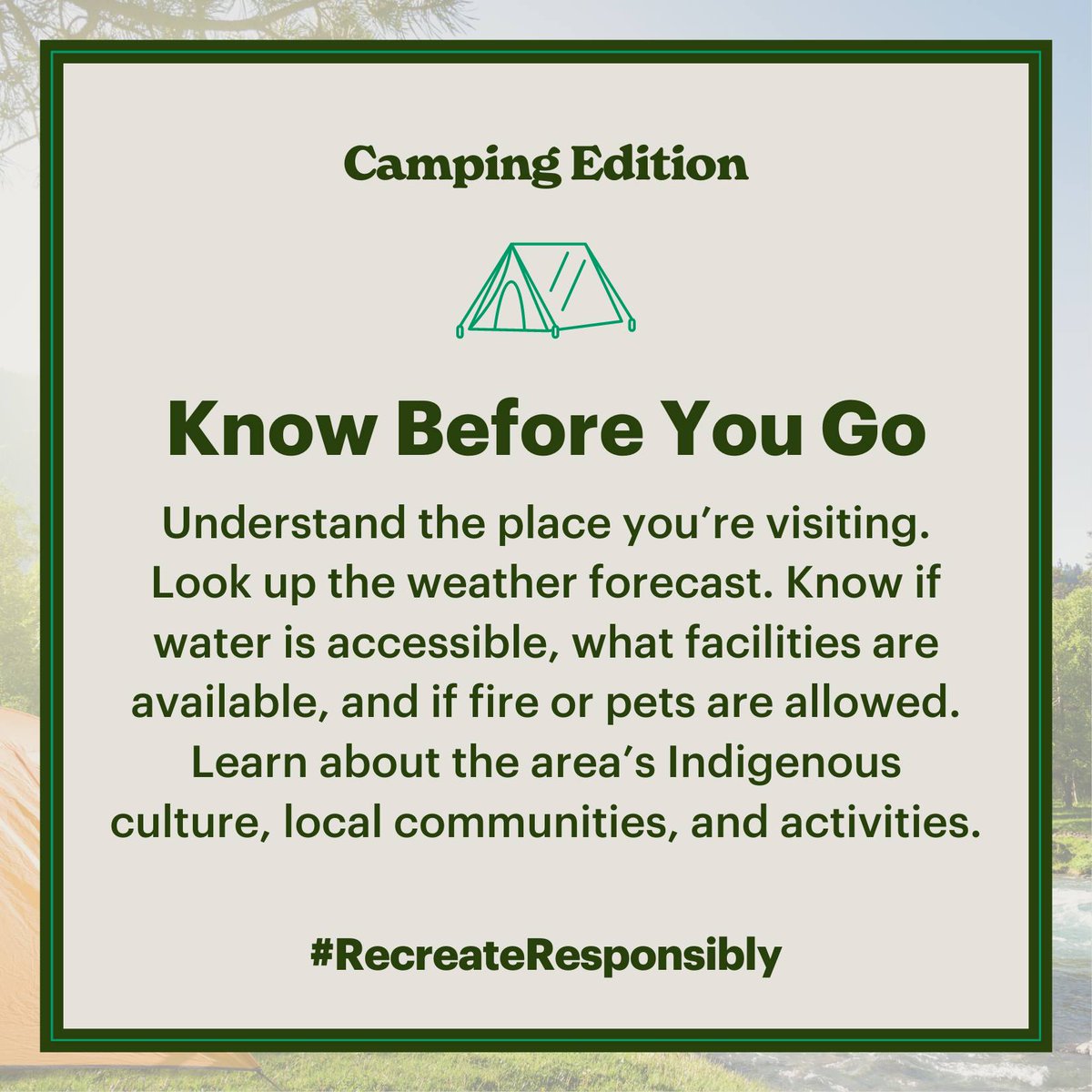 HealthyParksTN's tweet photo. 🏕️To #CampResponsibly means to adopt an "ecosystem mentality". An ecosystem mentality is to understand the interconnectedness of, and our impact on, our surroundings. We can have a positive impact on the places we camp.

Learn more: https://t.co/Ex4iob712B
#RecreateResponsibly https://t.co/gpJT2fG137