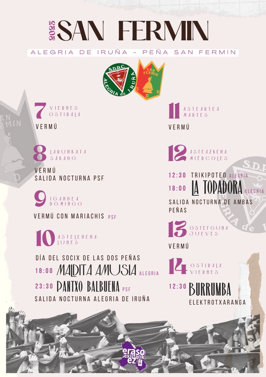 PROGRAMACIÓN SANFERMINES 2023 🔻 Junto a <a href="/AlegriadeIruna/">Alegría de Iruña</a> 🍻💥 Pasate!
Hemen duzue gure programazioa 🔻 anima zaitez