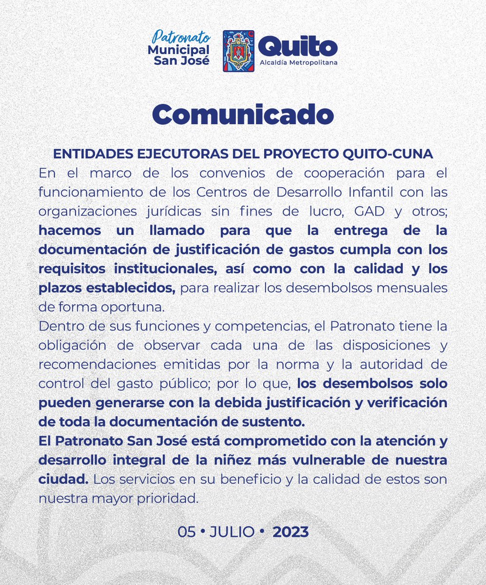 PatronatoSJ's tweet photo. #Comunicado | El Patronato San José a las entidades ejecutoras del proyecto #QuitoCuna y a la ciudadanía en general: https://t.co/LbqOhyGJft