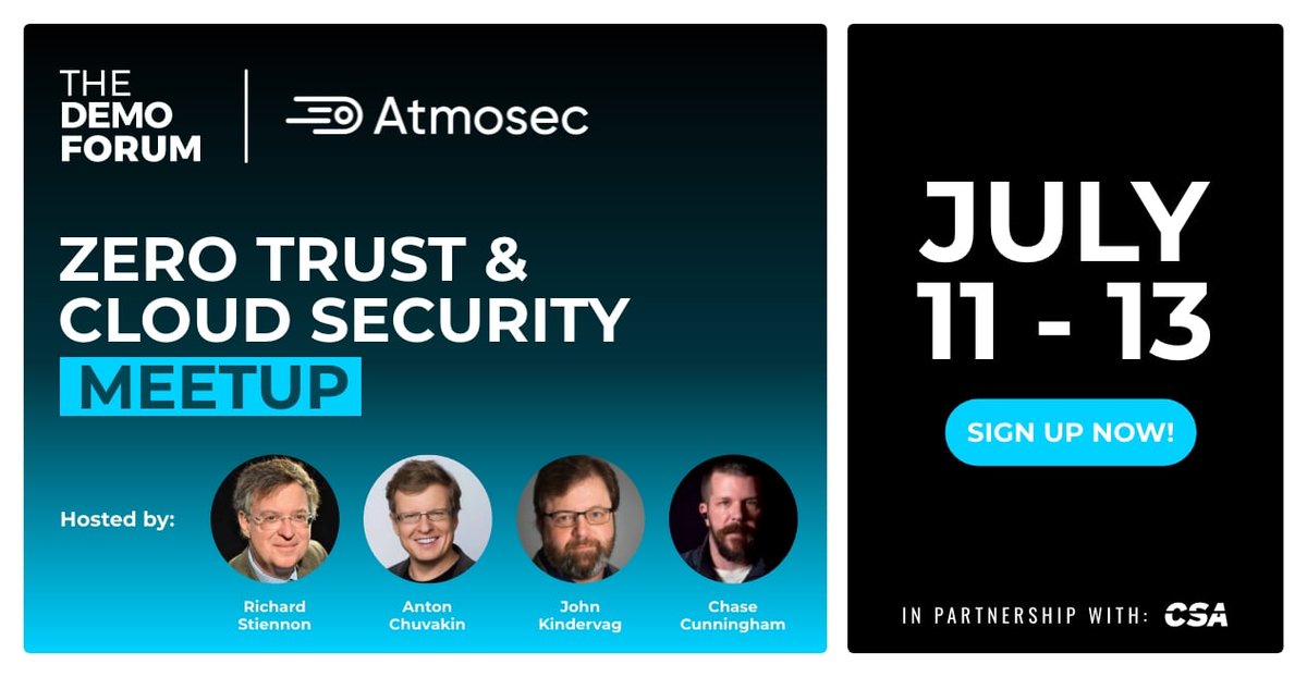 Atmosec_'s tweet photo. @Atmosec is a proud sponsor of  @thedemoforum and @cloudsa upcoming Zero Trust &amp; Cloud Security Meetup event on July 11-13. 

📨Get your invite:  https://t.co/NEUpSewfPX

🎧Visit our demo room for a demo of our platform and interviews with @stiennon and @JZucker1972. https://t.co/3sKgkrHY1p