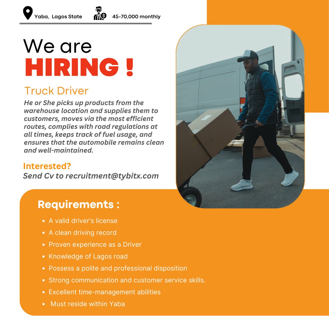 Hiring! Truck Driver required!
Send cv to recruitment@tybitx.com
...
#hr #job #career #nigerian #truckdriver #driver #driving #jobposting #jobvacanc #nigerianjobs #hiring  #jobsinlagos #nigerianjobs