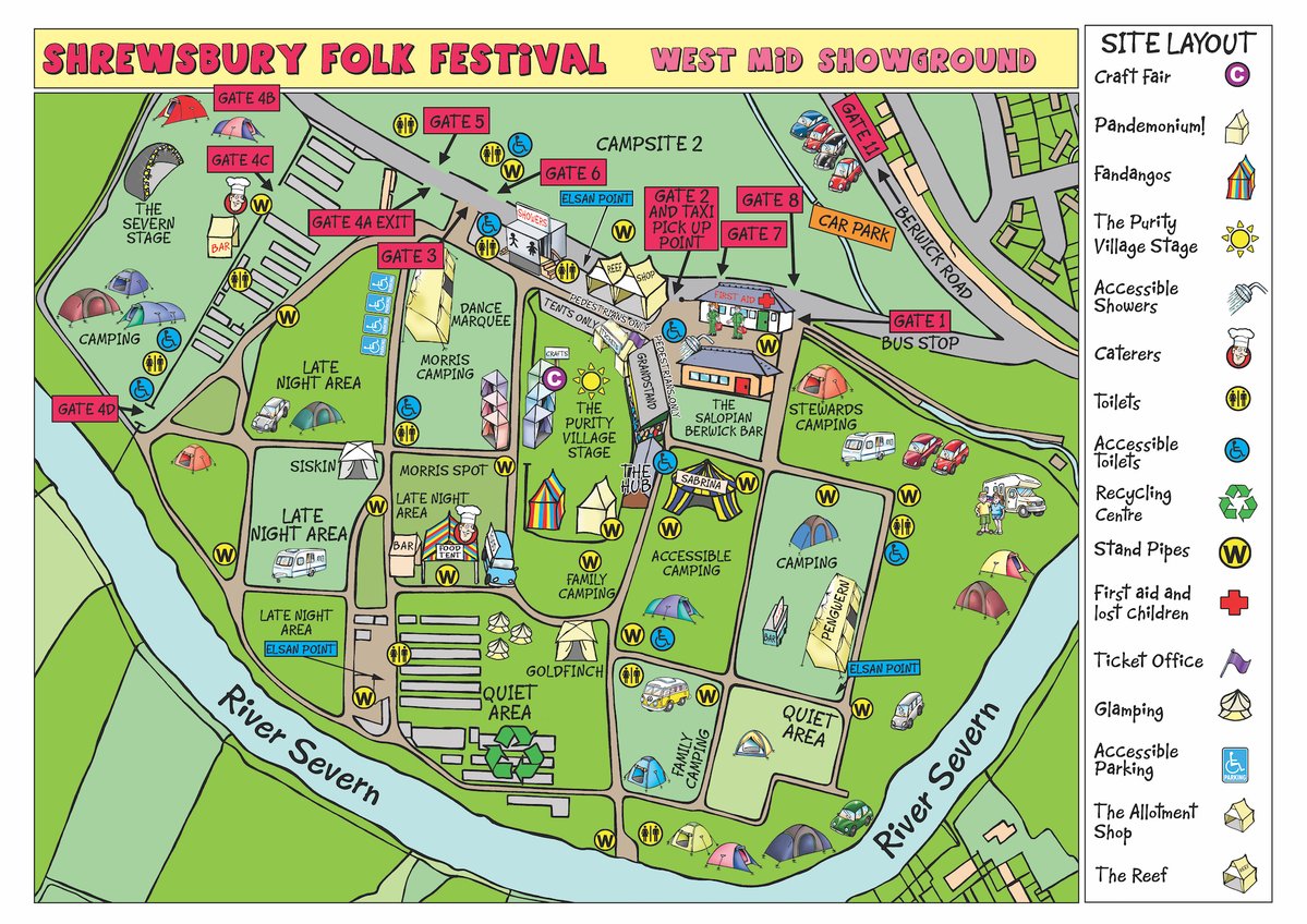 *2023 site map*

Things to note:

🚶 Area by The Reef, shop and the Salopian Berwick Bar will be fully pedestrianised except for authorised vehicles

🚗 Accessible parking is now opposite the main vehicle entrance and exit

⛺️ Opposite The Reef is now tent only camping