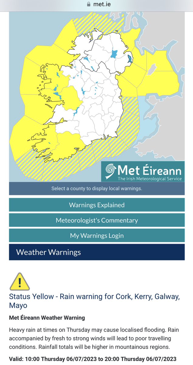CarlowWeather's tweet photo. Yellow warning issued for Cork, Kerry, Galway, Mayo for heavy rainfall tomorrow with over 40mm possible in parts of Southwest and West, especially on higher ground but over 10mm for most areas. A very wet and windy spell of weather Thursday. https://t.co/polSFdVdxR
