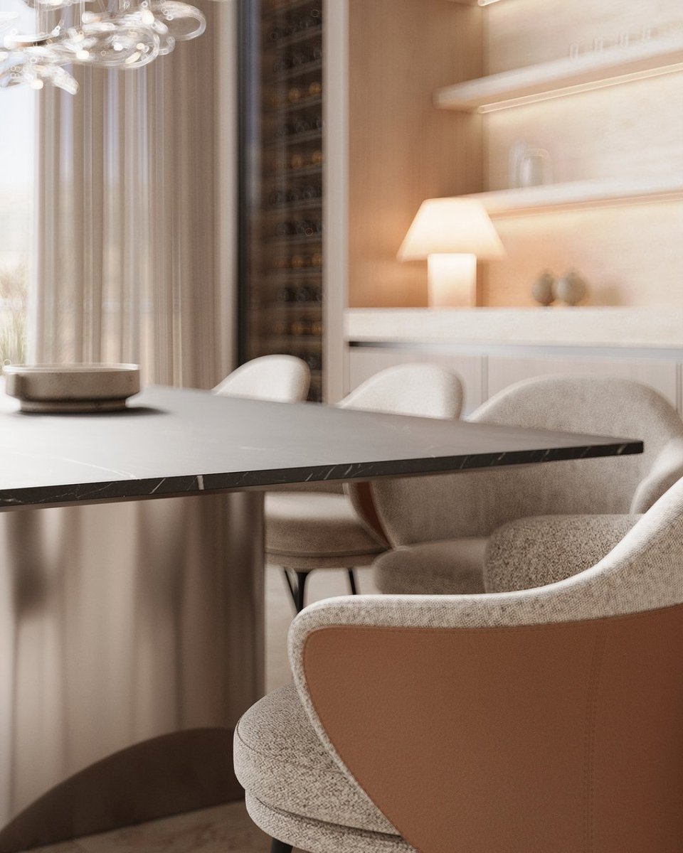 SenceArchitects's tweet photo. The dining room is adorned with exquisite veneered wood fronts and natural travertine stone. The dark marble table creates a striking contrast against the sandy color palette that encompasses the entire dining area. #interiordesign #architecture https://t.co/pt3QqLTFcW https://t.co/oos9aypq41
