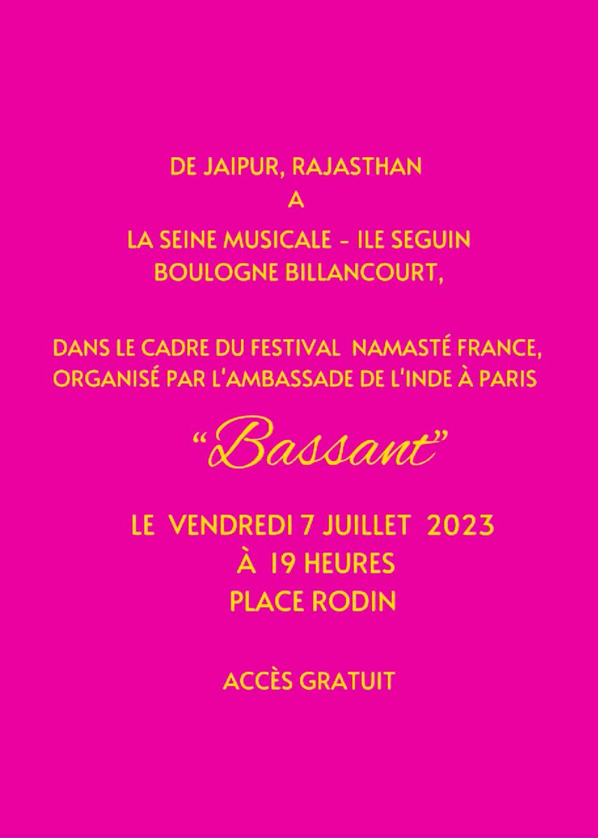 BMaharaja's tweet photo. Welcome to the biggest Indian festival @namastefrance organized by @IndiaembFrance at @LaSeineMusicale from 6 to 9 July in Paris. 

#namastefrance2023 
@JawedAshraf5 @E_Lenain 
@GlobalIndOrg @BatoolBegam https://t.co/VoBoGUwKPf
