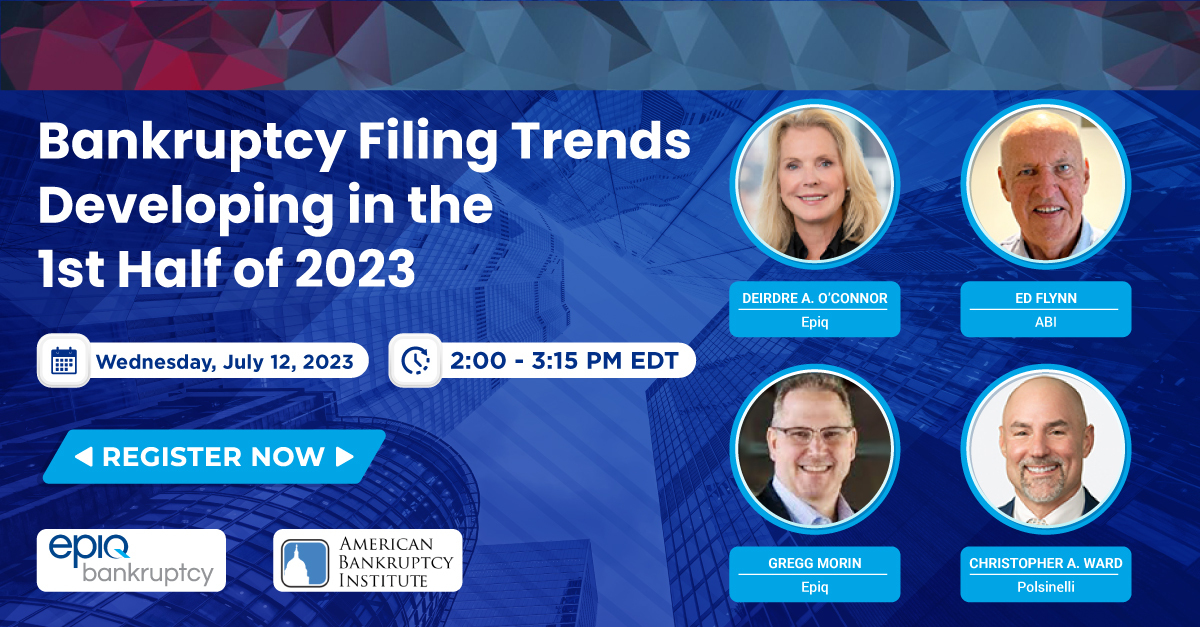 abiworld's tweet photo. What trends have emerged this year in consumer and business filings? Will the trends continue for the second half of 2023? Don't miss experts answering these questions and more on a free #abiLIVE webinar being held in partnership with @EpiqGlobal! https://t.co/xdmcKPhv7G https://t.co/zf2x1laagV