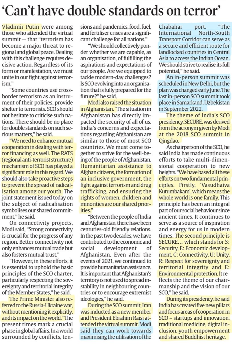 imRavikantYadav's tweet image. Todays #SCOSummit2023 news

*#SCO calls fr Multipolar world order as #Iran Joins grouping
*PM #Modi :cant hv double standards on #Terrorism
*#Russian #Crude saved #Indian refiners $7 billion

#India #Russia #China 

#UPSC #UPSC2023 

Source: IE &amp;amp; TH