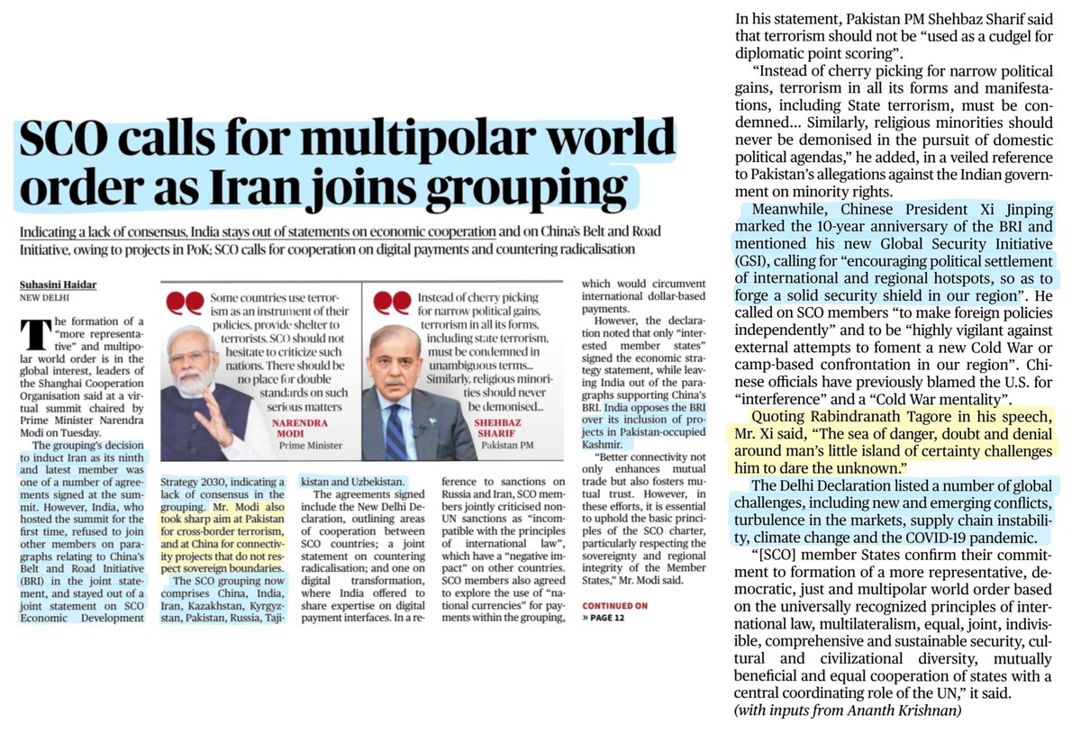 imRavikantYadav's tweet image. Todays #SCOSummit2023 news

*#SCO calls fr Multipolar world order as #Iran Joins grouping
*PM #Modi :cant hv double standards on #Terrorism
*#Russian #Crude saved #Indian refiners $7 billion

#India #Russia #China 

#UPSC #UPSC2023 

Source: IE &amp;amp; TH