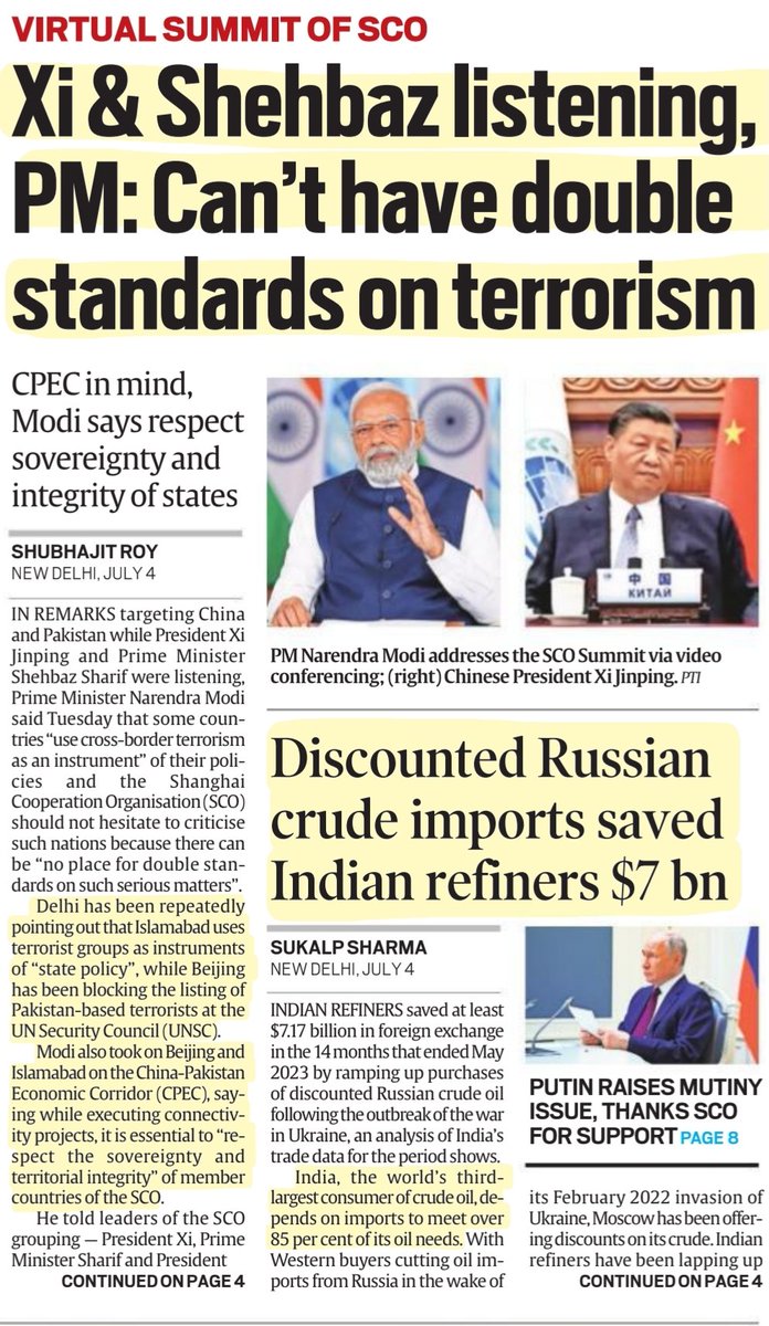 imRavikantYadav's tweet image. Todays #SCOSummit2023 news

*#SCO calls fr Multipolar world order as #Iran Joins grouping
*PM #Modi :cant hv double standards on #Terrorism
*#Russian #Crude saved #Indian refiners $7 billion

#India #Russia #China 

#UPSC #UPSC2023 

Source: IE &amp;amp; TH