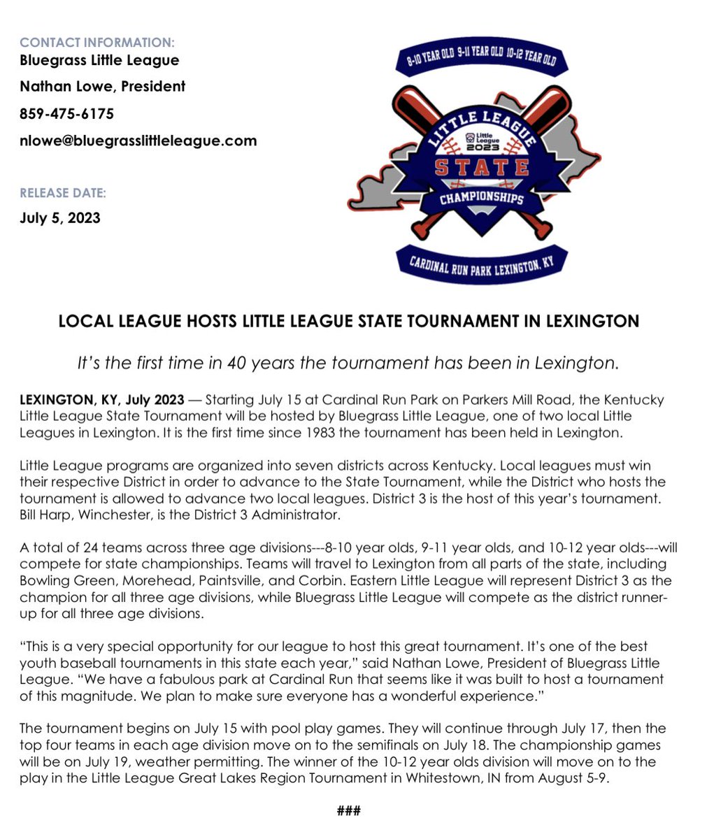 BluegrassLL_KY's tweet photo. We’ll be the proud host of this year’s @LittleLeague State Tournament! Come out to the park to watch the action. Should be a lot of fun! @FredMaggard606 @MrsTylerKSR @DrewFranklinKSR @HLpreps @wkytsports @LEX18News @heraldleader @ABC36News @FOX56Sports https://t.co/fUKTIgeBQb