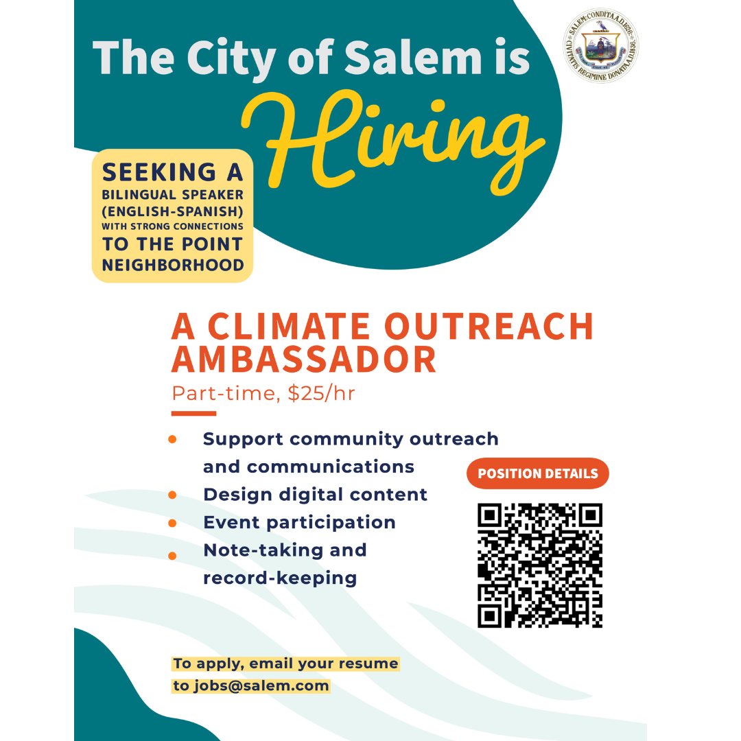 🔍The City of Salem is Hiring! 📢 We are looking for a Climate Outreach Ambassador.  We especially encourage Point community residents or those connected to the neighborhood to apply. Together, let's make a difference! 🌱#ClimateAction #ResilientTogether