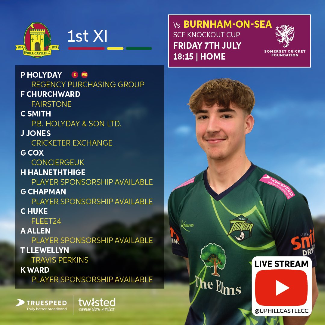 Uphill Castle CC (@uphillcastlecc) on Twitter photo Big game Friday . . .
We take on <a href="/BurnhamonseaCC/">Burnham-on-Sea CC</a> at The Castle, in the next round of the Somerset Cricket Foundation knockout cup . . .
🍻 Bar will be open
📺 Somerset v Nottinghamshire on the tv
#uccc130 #UPTHECASTLE
Truespeed TwistedWeb Big game Friday . . .
We take on <a href="/BurnhamonseaCC/">Burnham-on-Sea CC</a> at The Castle, in the next round of the Somerset Cricket Foundation knockout cup . . .
🍻 Bar will be open
📺 Somerset v Nottinghamshire on the tv
#uccc130 #UPTHECASTLE
Truespeed TwistedWeb