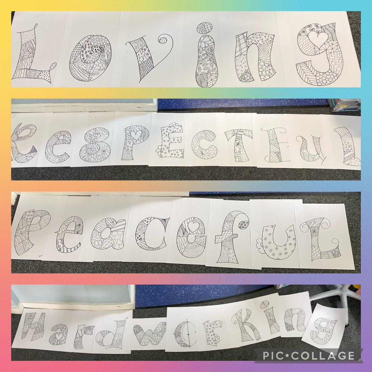 belindajohn71's tweet photo. Fonts and zentangle drawings for the school values which will be coloured by the children and displayed in the hall @HolyInfantsRCP #schoolvalues #zentangle #funkysigns #halldisplay https://t.co/xHPCH1jOwj