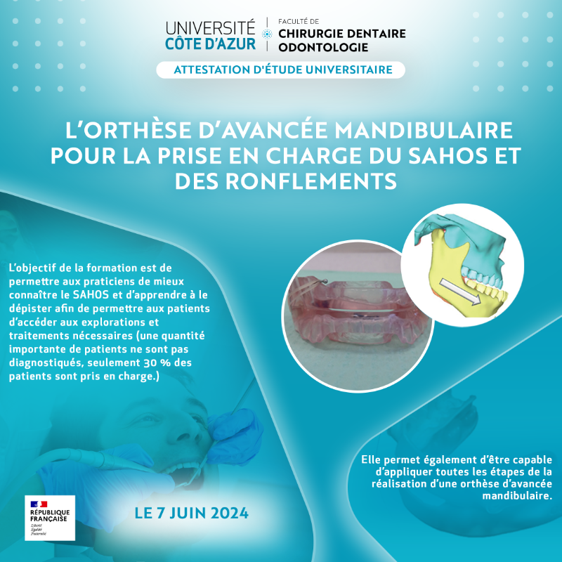OdontoUNICA's tweet photo. Ouverture de notre A.E.U L’ORTHÈSE D’AVANCÉE MANDIBULAIRE POUR LA PRISE EN CHARGE DU SAHOS ET DES RONFLEMENTS 2024