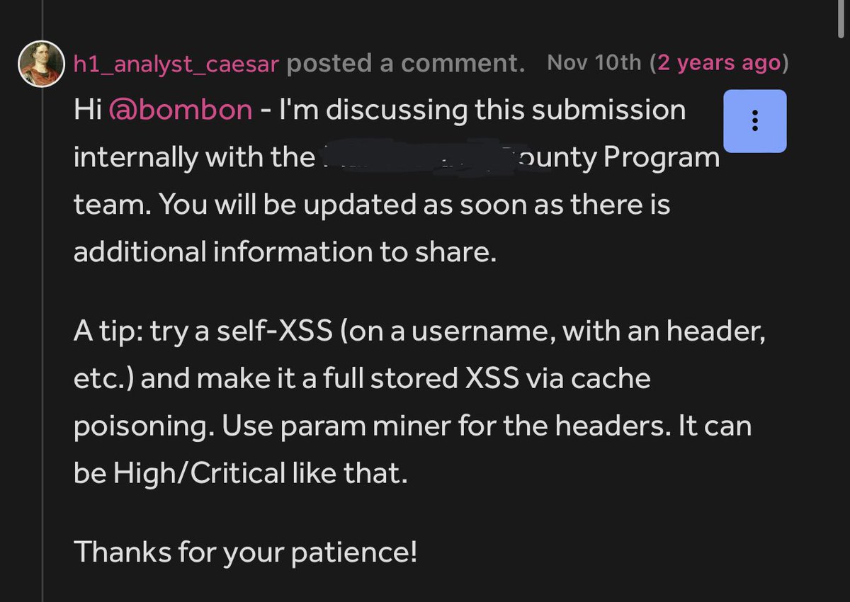 bxmbn's tweet photo. Story Time:

@Agornello Caesar (turtle_shell) was the one who taught me about Cache Poisoning without even asking for it, after that report my life pretty much changed, I took every advice and took advantage of it

This is how important Triagers can be in the life of a researcher https://t.co/IkvhyV9swR