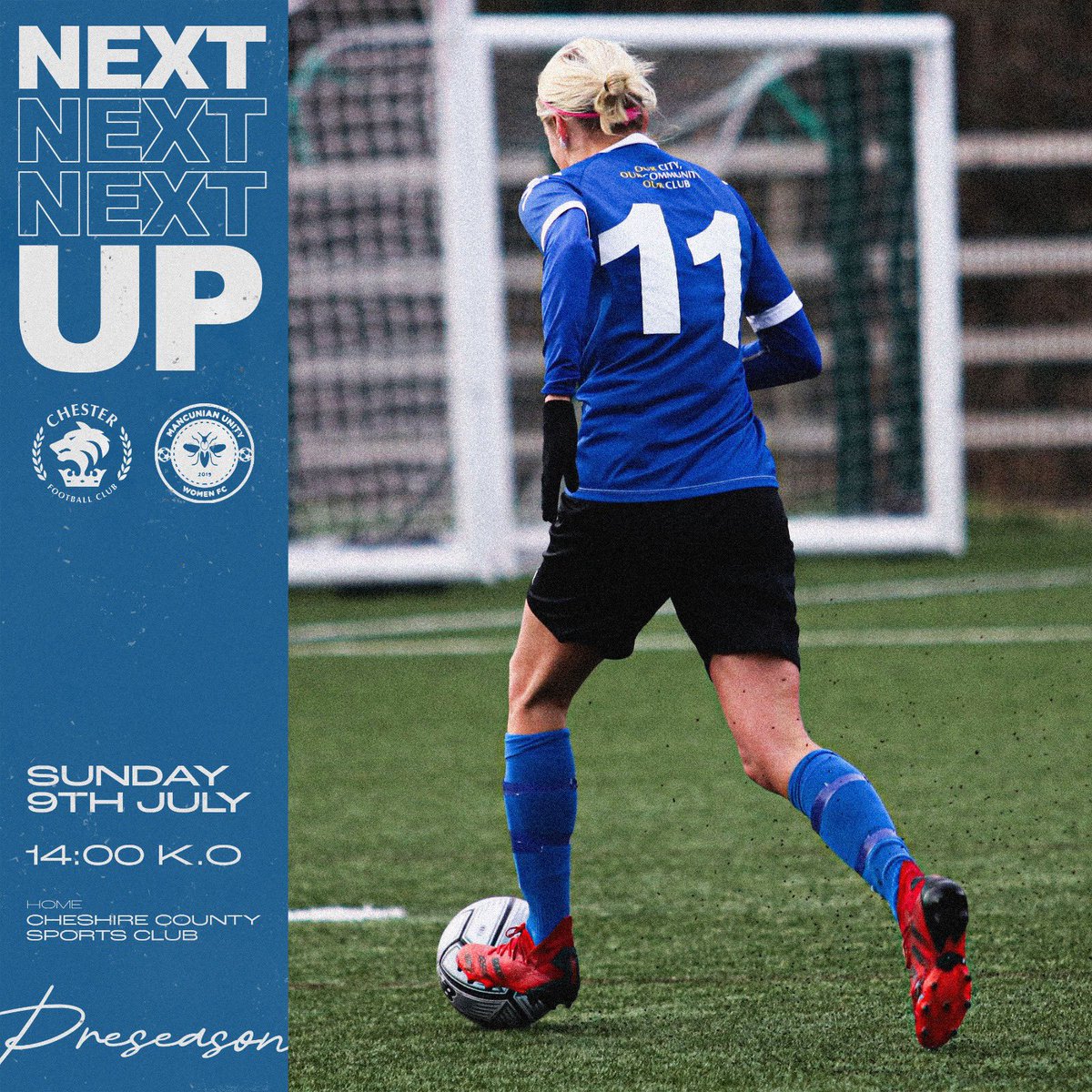CFCWomens's tweet photo. 🔜 𝐍𝐞𝐱𝐭 𝐮𝐩: 𝐅𝐢𝐫𝐬𝐭 𝐭𝐞𝐚𝐦!

🔵 Continuing our pre-season campaign at home!

Come down and support the blues! 

🆚 @MancunianUnity 
📍 Home (Cheshire county offices)
🏆 Pre-season
🗓️ Sunday 9th July 
🕑14:00pm 

#OurClub | #UTS | #CFC 🔵⚪️ https://t.co/3FUTwtcDvu