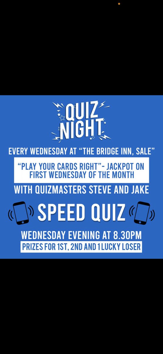 It’s our smart phone quiz tonight with a £500 “Play your cards 
right” jackpot. It’s also Wine Wednesday so if you buy 2 large glasses of wine we’ll give you the bottle. 🍷🍷
#thebridgeinnsale #M33 #quiznight #winewednesday
