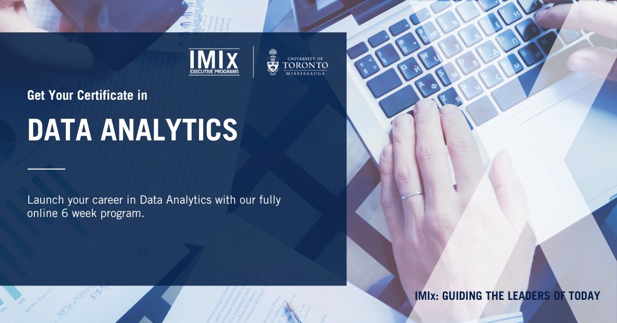 IMIx_Program's tweet photo. Launch your career in Data Analytics with our online certificate program. In this 6 week program, you will learn how to analyze raw data, extract information, and make informed decisions.
Learn more @ https://t.co/bQDDgGWjCt

#data #machinelearning #uoft #analytics https://t.co/OEWuBogW1f