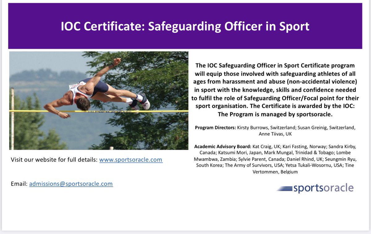 IOC Certificate: Safeguarding Officer in Sport. Application deadline is the 31st July. sportsoracle.com/course/ioc-cer… #ioccertificate #safeguarding #safesport #safeguardingofficer #onlinelearning #distancelearning