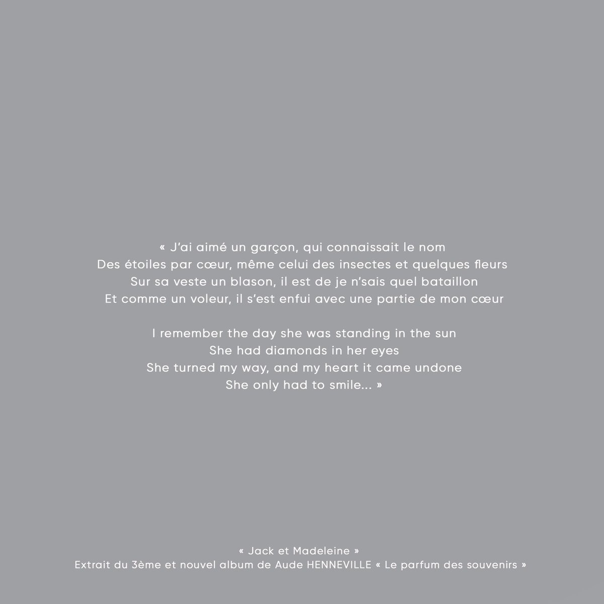 AudeHenneville's tweet photo. Je vous partage un extrait des paroles de ma chanson « Jack &amp; Madeleine » extraite de mon 3ème album « Le parfum des souvenirs » et vous donne RdV ce week-end pour le son et l'image car je vais vous offrir un extrait de la vidéo réalisée au « Zèbre de Belleville » à Paris. https://t.co/nO4FLQAs1g