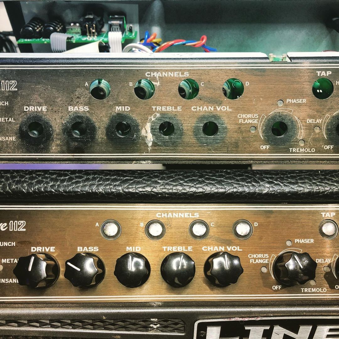 Much better 📸 A Successful cleanup on this amp with all affected parts changed out and running smooth again. Schedule is bananas. Reaching out to people tonight to book in for next week 🔥 #line6 #bogneramps #amprepair #electronics #guitarshop