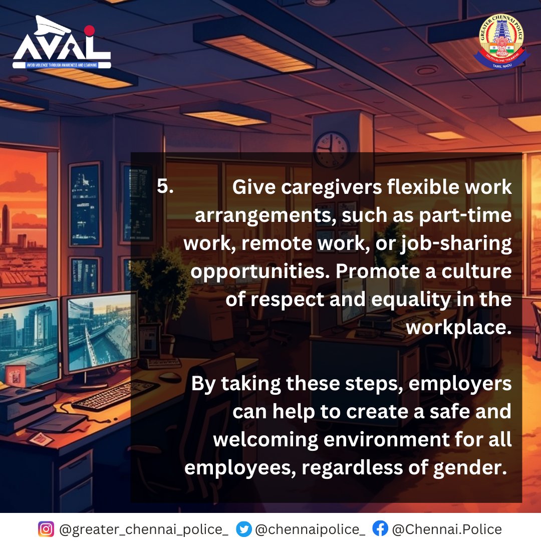 chennaipolice_'s tweet photo. A safe workspace for women is not optional, it's a necessity. Employers can take steps to create a welcoming environment for all employees, such as implementing an anti-harassment policy and promoting a culture of respect.

#SafeWorkspace #CultureOfRespect #aval #AVALbyGCP https://t.co/7ZeqSSzu5T