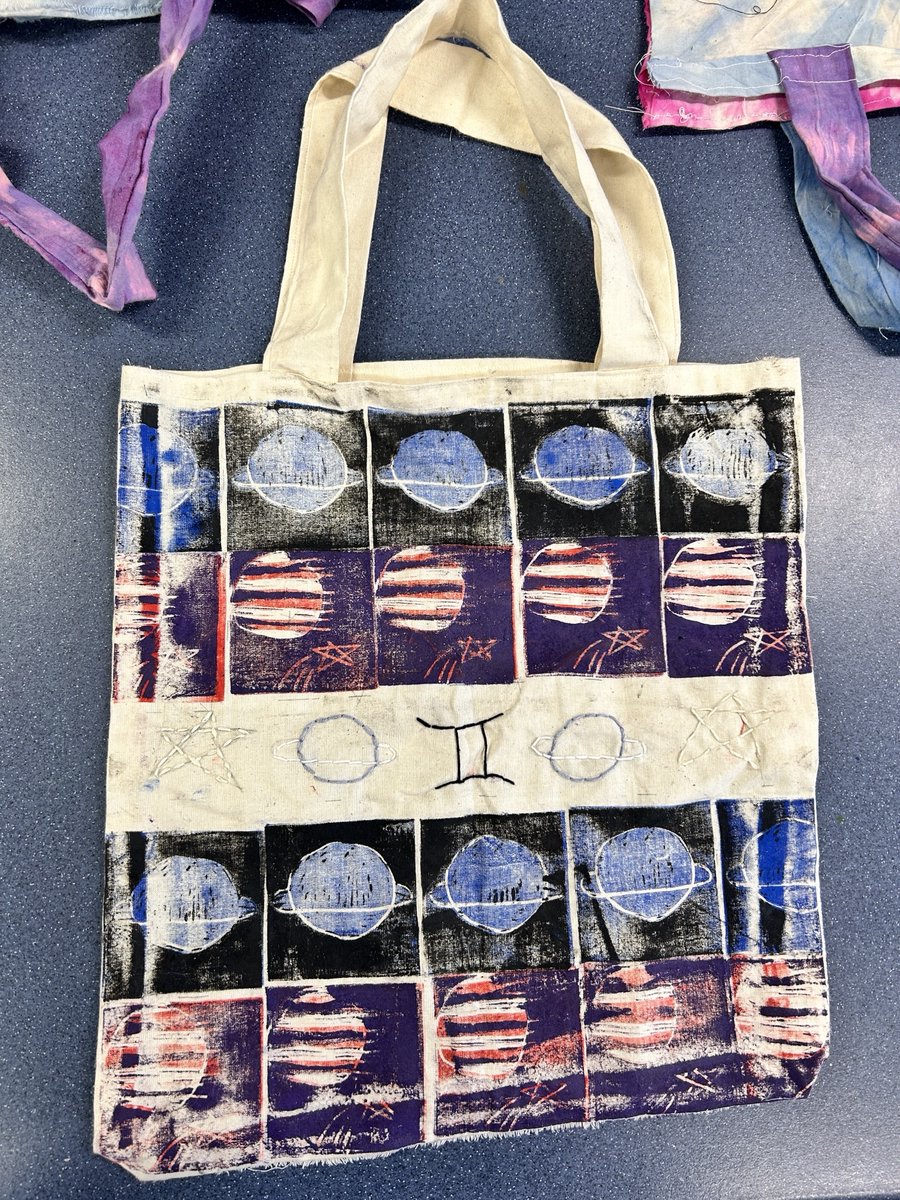 Year 9 have made tie dye tote bags from scratch this term, embellishing them with techniques learnt throughout the year.
