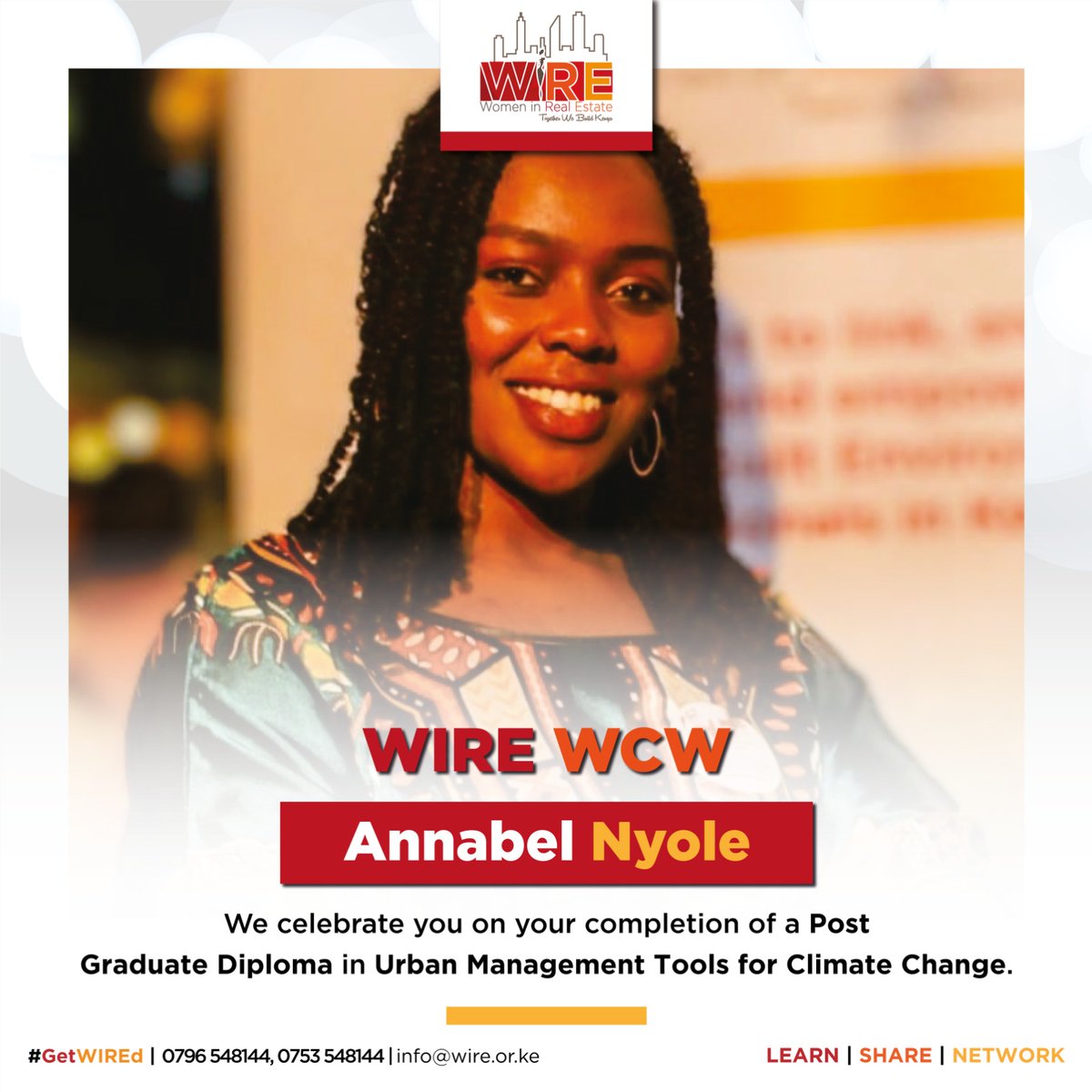 wirekenya's tweet photo. On Wednesdays we celebrate inspiring ladies of WIRE!
On this #WCW, we celebrate @annabelle_nyole on her completion of a Post Graduate Diploma in Urban Management Tools for Climate Change.
Congratulations! ππ₯³ππΎππΎ
#TogetherWeBuildKenya
#GetWIREd https://t.co/f6iLd0Klis