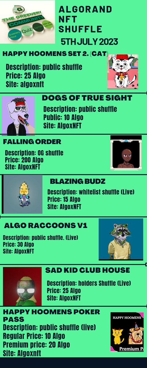 GreeneryTeam's tweet photo. ALGORAND NFT DAILY SHUFFLE/MINT UPDATES.
If you have a shuffle you want us to include, kindly let us know
#algofam #AlgorandNFTs #NFT #Greeneryteam #AlgoNFTs
#NFA #DYOR
for other shuffle, check discord https://t.co/qt1ftAxc4L https://t.co/niedBYjcnM