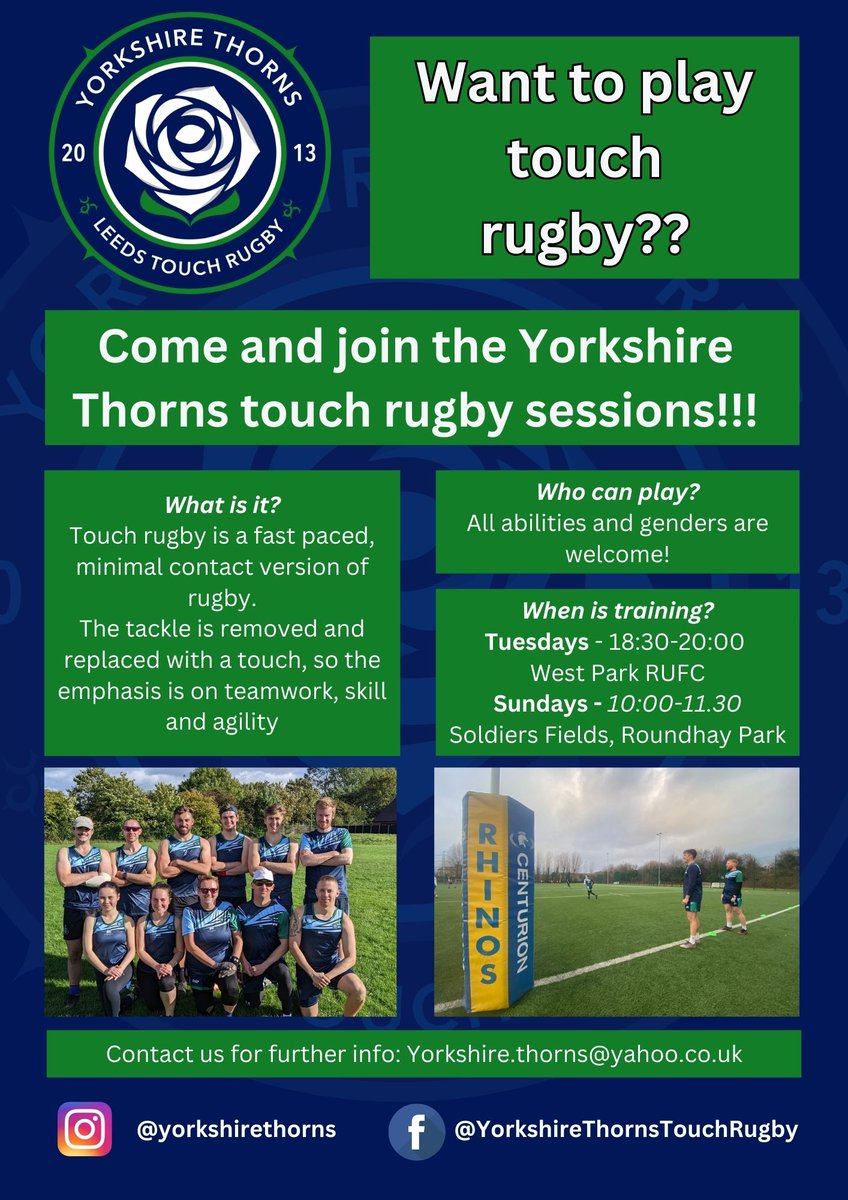 🏉𝗚𝗶𝘃𝗲 𝗧𝗼𝘂𝗰𝗵 𝗥𝘂𝗴𝗯𝘆 𝗮 𝘁𝗿𝘆!

Did you we work in partnership with <a href="/YorkshireThorns/">Yorkshire Thorns</a> to run weekly Touch Rugby training sessions at <a href="/WplRufc/">West Park Leeds RUFC</a>?

Fancy giving it a go? 🙋‍♂️
Email yorkshire.thorns@yahoo.co.k for more information.