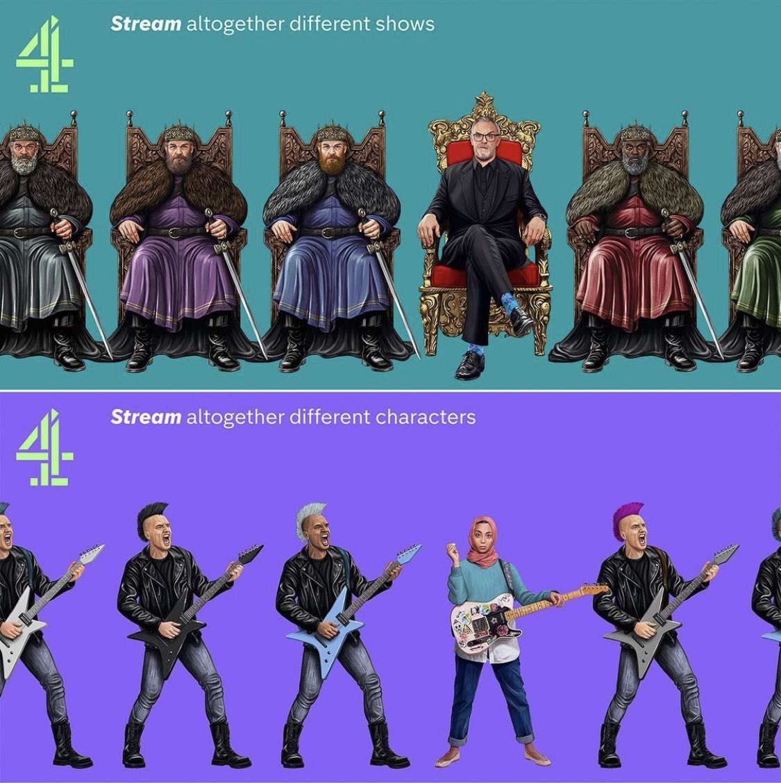 JulesBeazley's tweet photo. Another brilliant project with @samgilbey created this summer collaborating with @channel4 to advertise their streaming platform. #channel4 #bettertogether #taskmaster #inbetweeners #derrygirls #bakeoff #illustrator #illustrationartists #illustration #illustragram #illustration https://t.co/bcnkLqftRG