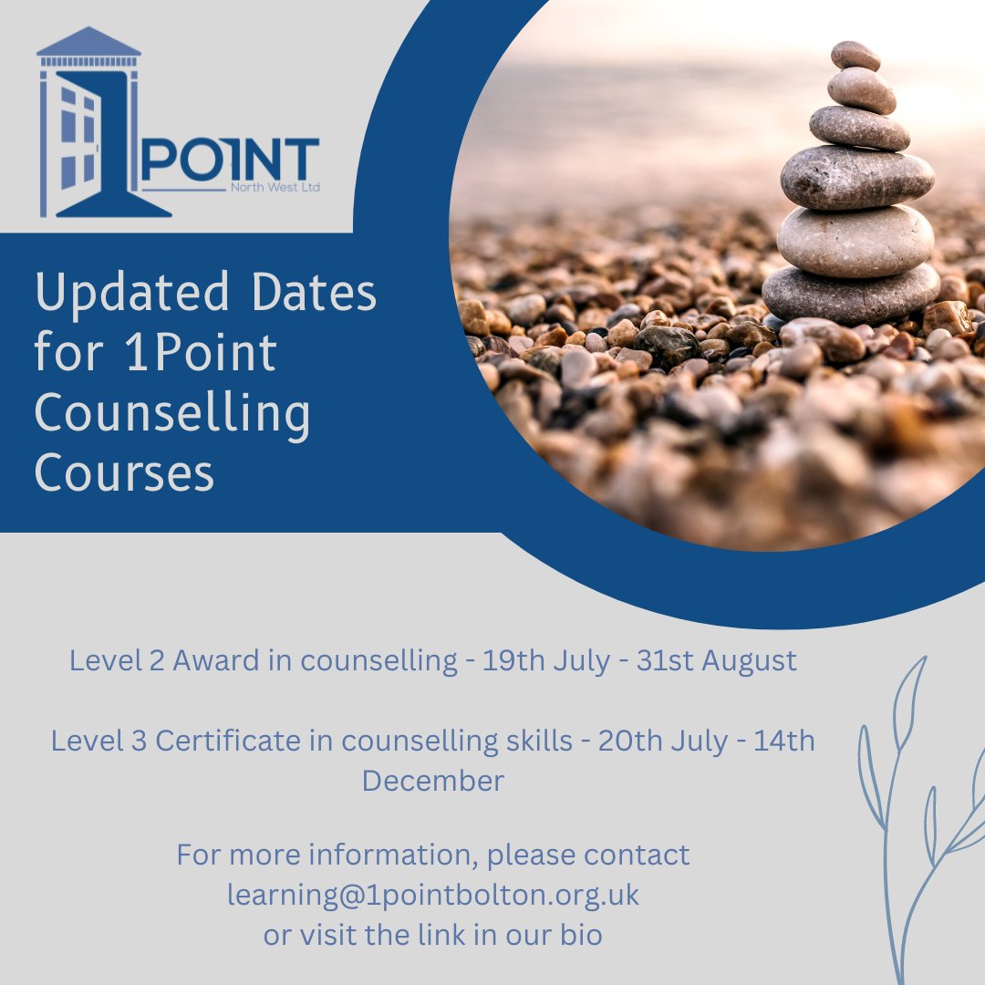 New dates for 1Points level 2 and 3 Counselling Qualifications! For more information please contact learning@1pointbolton.org.uk, or visit the link in our Bio. #therapy #counselling #mindfulness #courses #education #bolton