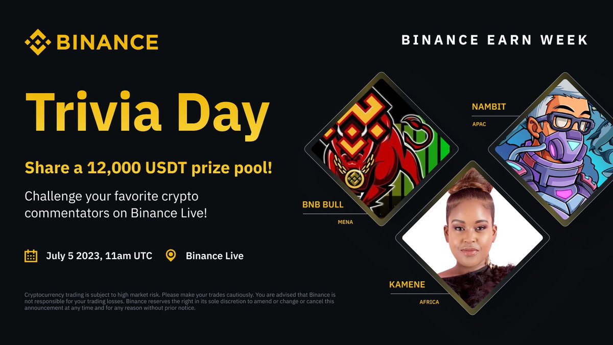 BinanceAfrica's tweet photo. Join a team as we take part in Binance Earn Trivia Day to win a share of $12,000 🥳🥳
 
Join the live, complete the form and answer the riddle!

https://t.co/zo99WxfrJq

Riddle: A cowboy rides in on Friday, stays 2 nights in the town and leaves on Friday? How is this possible? https://t.co/zrvi1DtfZ0